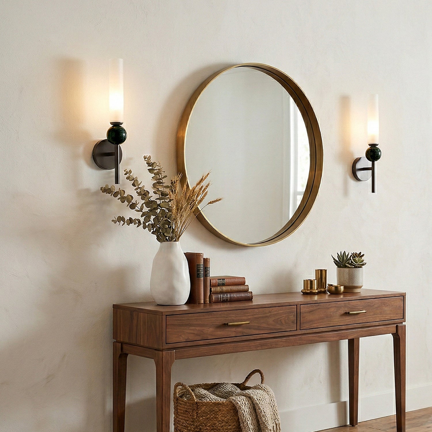 Brass & Marble Cylinder Wall Lamp with Frosted Shade