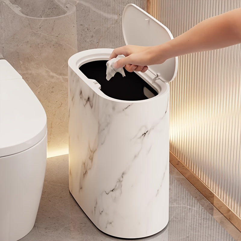 Trash Can Plastic Oval Marble Pattern Lid, Space-Saving Design