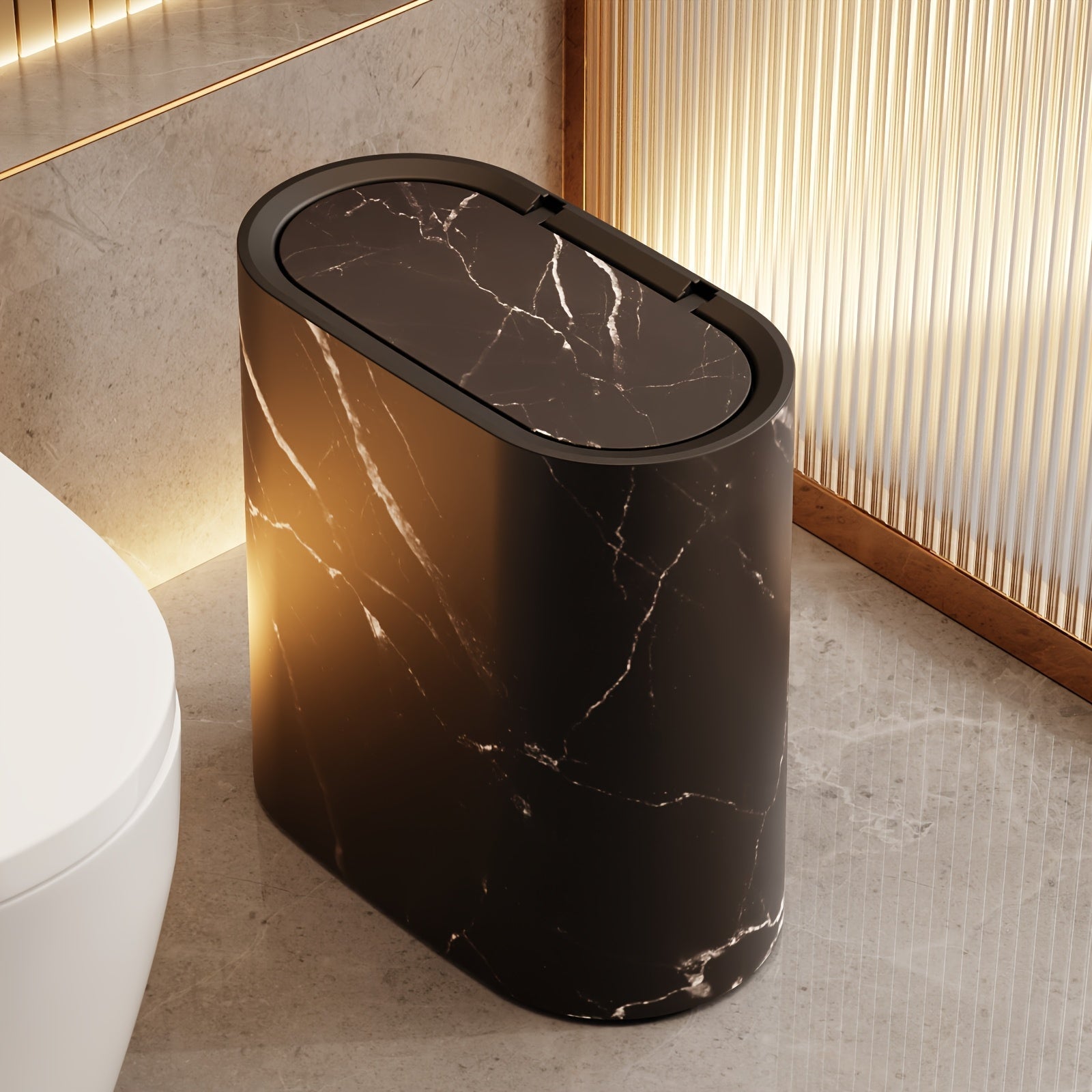 Trash Can Plastic Oval Marble Pattern Lid, Space-Saving Design