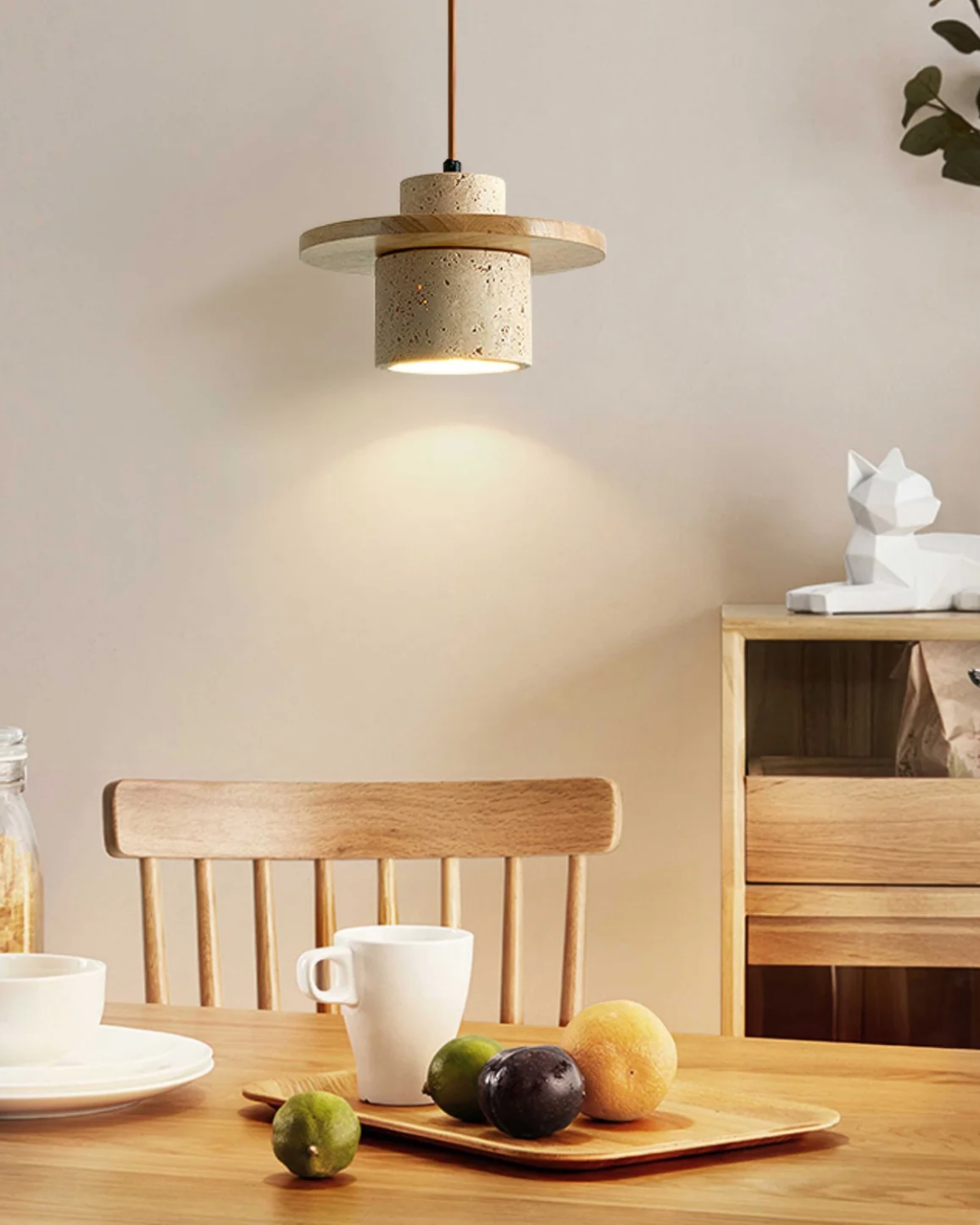 TravaroAtlas: Modern Travertine Pendant Light made of Natural Stone with Walnut Wood Detail & Warm White LED Light – for Dining Room & Living Room