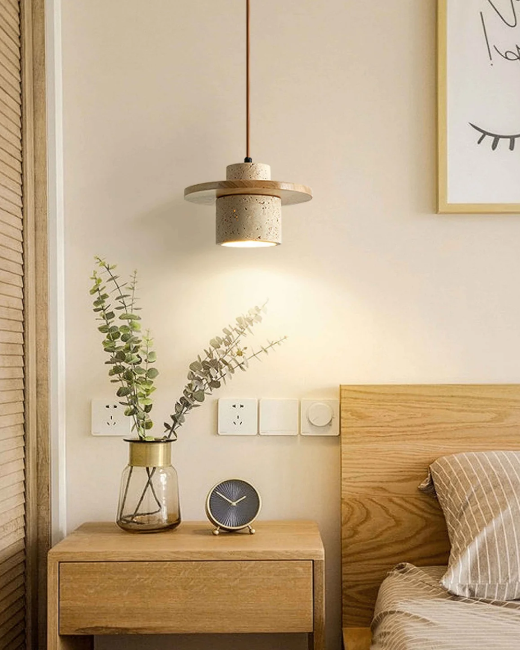 TravaroAtlas: Modern Travertine Pendant Light made of Natural Stone with Walnut Wood Detail & Warm White LED Light – for Dining Room & Living Room