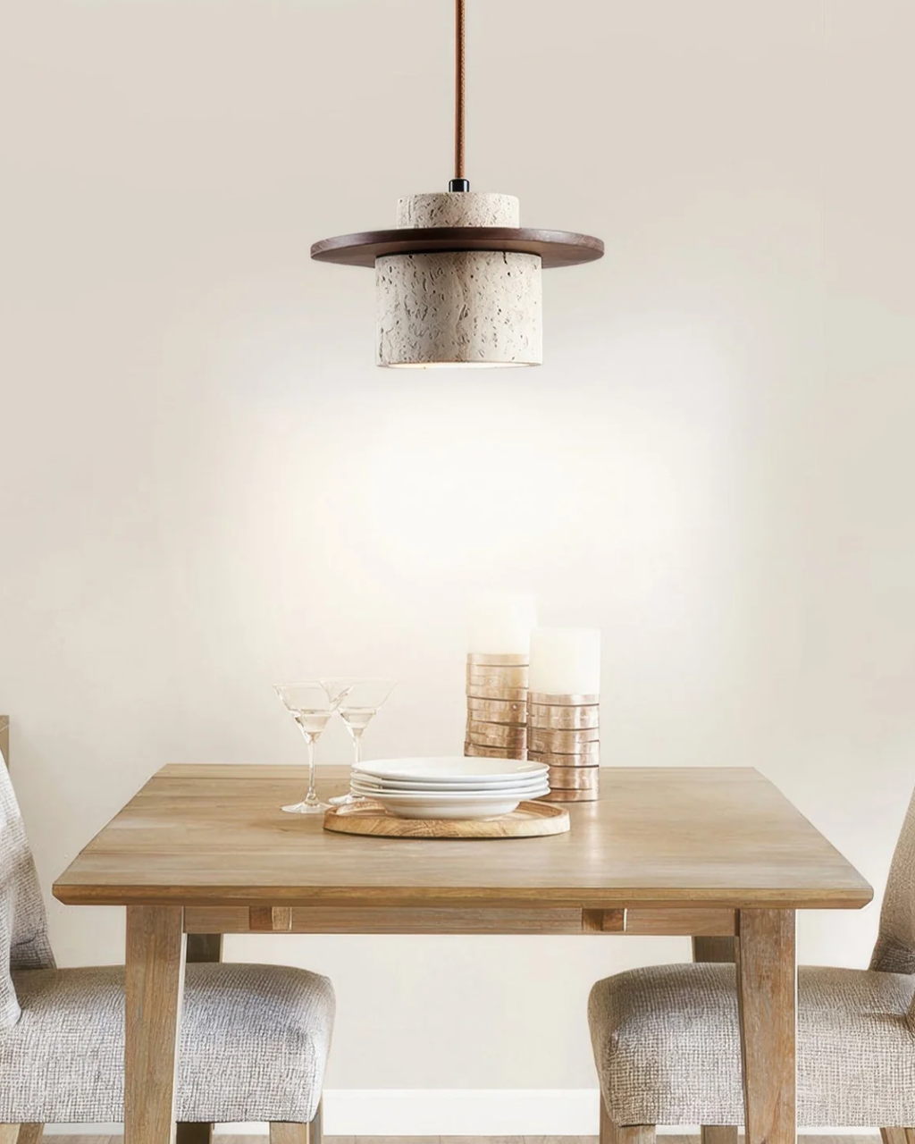 TravaroAtlas: Modern Travertine Pendant Light made of Natural Stone with Walnut Wood Detail & Warm White LED Light – for Dining Room & Living Room