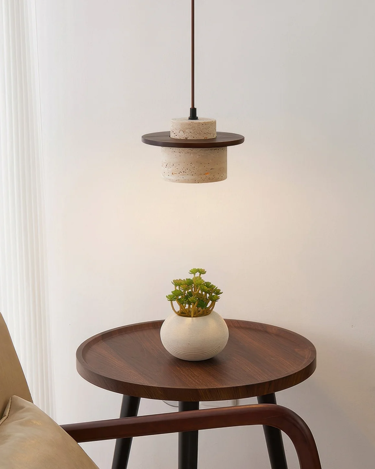 TravaroAtlas: Modern Travertine Pendant Light made of Natural Stone with Walnut Wood Detail & Warm White LED Light – for Dining Room & Living Room
