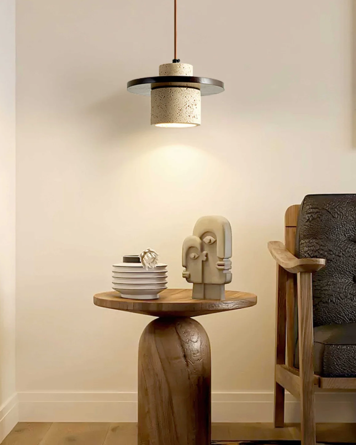 TravaroAtlas: Modern Travertine Pendant Light made of Natural Stone with Walnut Wood Detail & Warm White LED Light – for Dining Room & Living Room