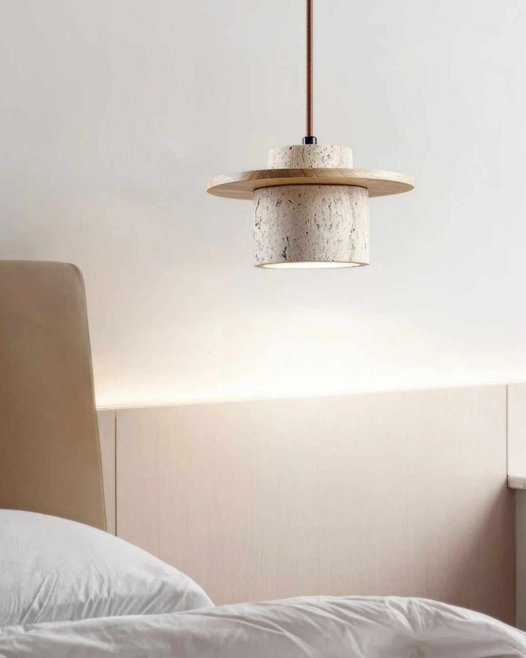 TravaroAtlas: Modern Travertine Pendant Light made of Natural Stone with Walnut Wood Detail & Warm White LED Light – for Dining Room & Living Room