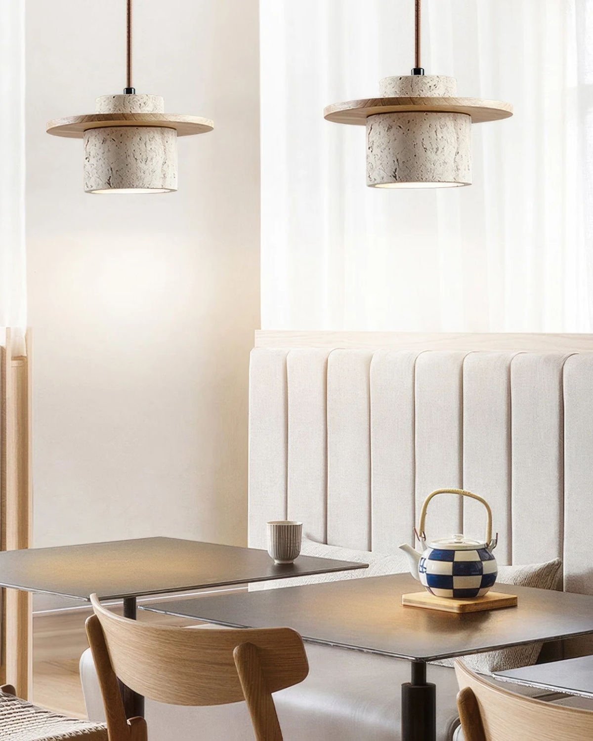 TravaroAtlas: Modern Travertine Pendant Light made of Natural Stone with Walnut Wood Detail & Warm White LED Light – for Dining Room & Living Room