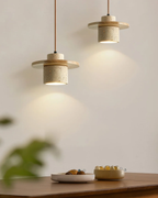 TravaroAtlas: Modern Travertine Pendant Light made of Natural Stone with Walnut Wood Detail & Warm White LED Light – for Dining Room & Living Room