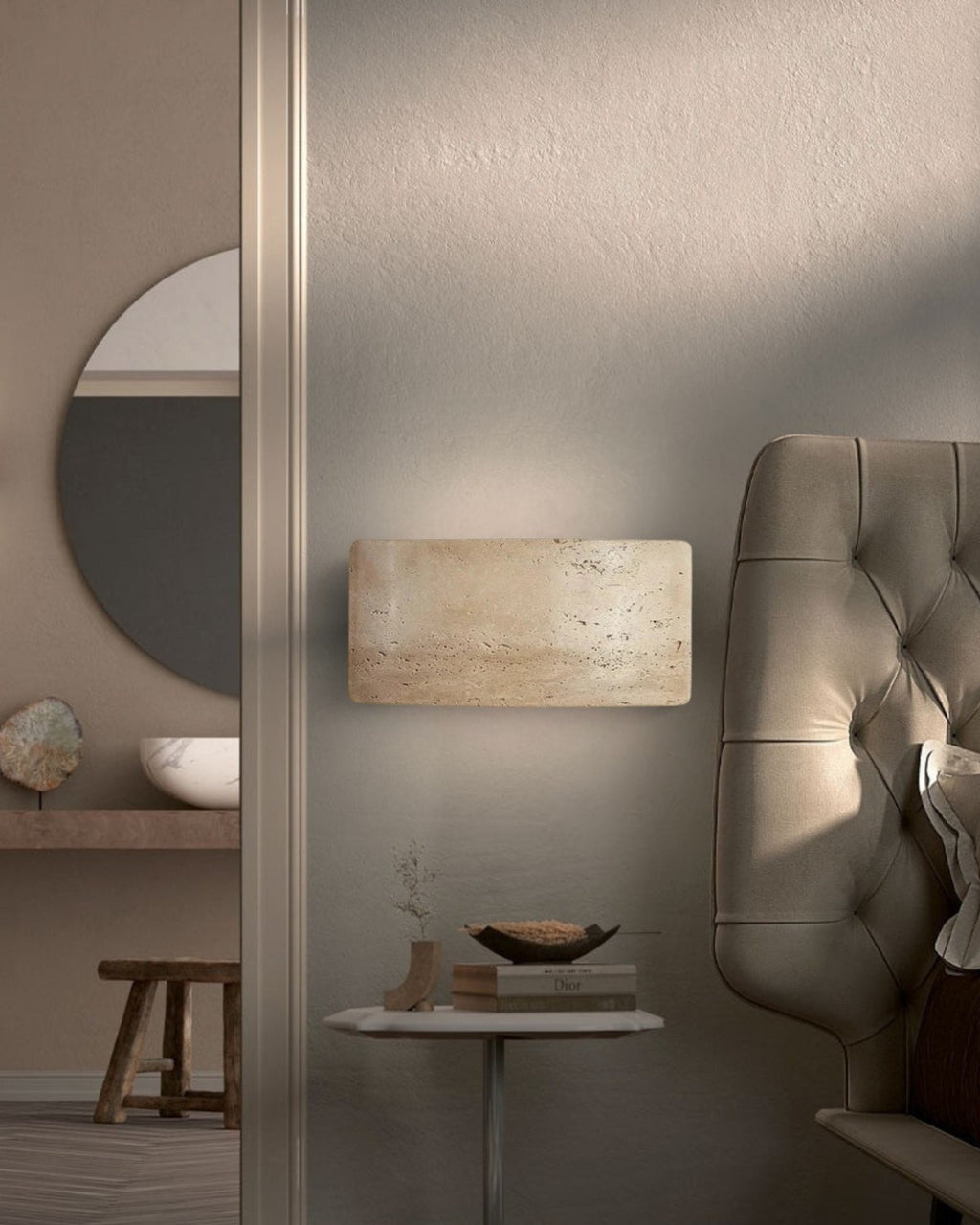 TravéaLume: Modern Travertine Wall Lamp Made of Natural Stone with Warm White LED Light & IP65 – for Indoor & Outdoor Use