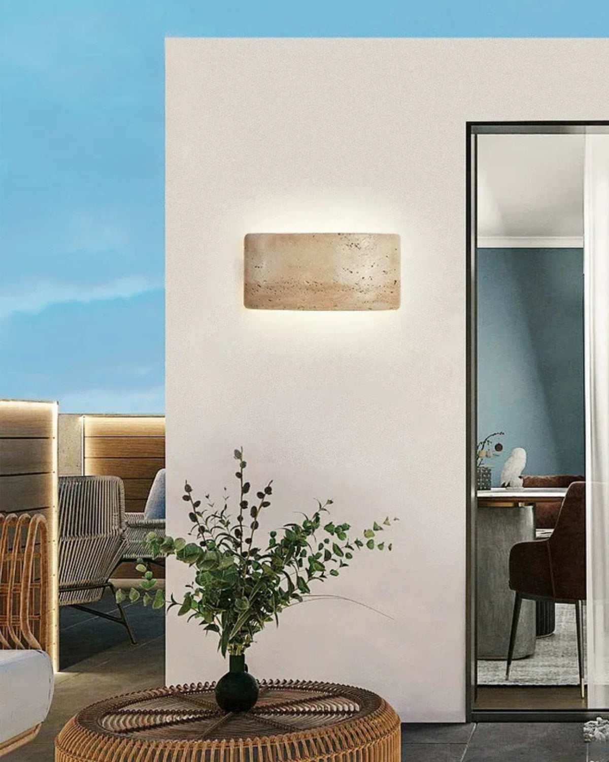 TravéaLume: Modern Travertine Wall Lamp Made of Natural Stone with Warm White LED Light & IP65 – for Indoor & Outdoor Use