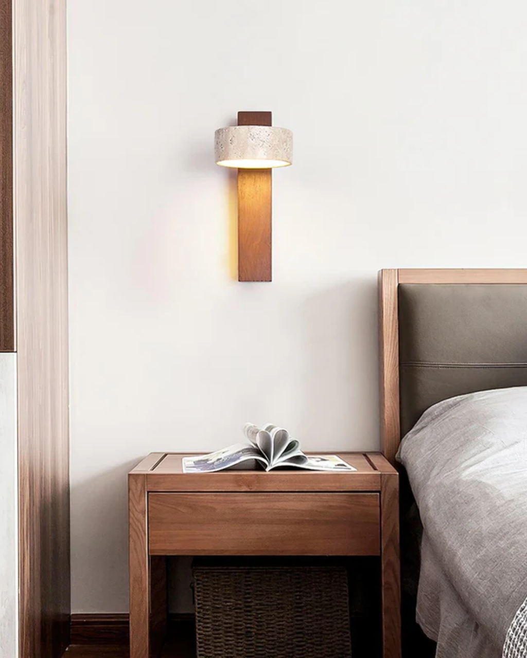 Bello Travertine Wall Sconce | Natural Stone & Walnut Wood