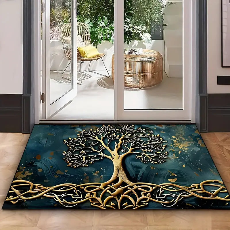 Floor Mat Polyester Rubber Backing Tree of Life Pattern Multiple Sizes