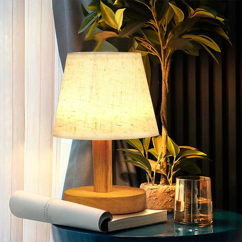 Nightstand Table Lamp, Solid Wood Base, Pleated Fabric Shade, 3W LED