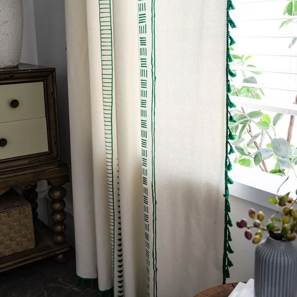 TribeEleganz: Curtains in Boho Style with Green Stripes & Tassels – Charming for Sleeping Areas