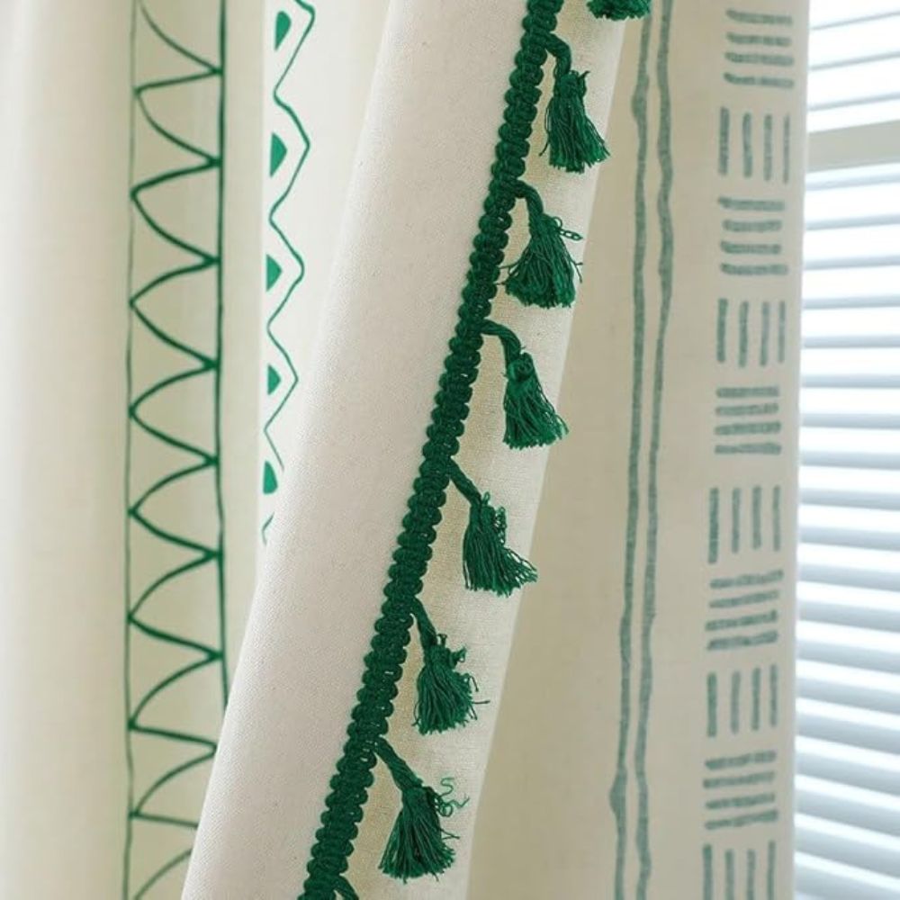 TribeEleganz: Curtains in Boho Style with Green Stripes & Tassels – Charming for Sleeping Areas