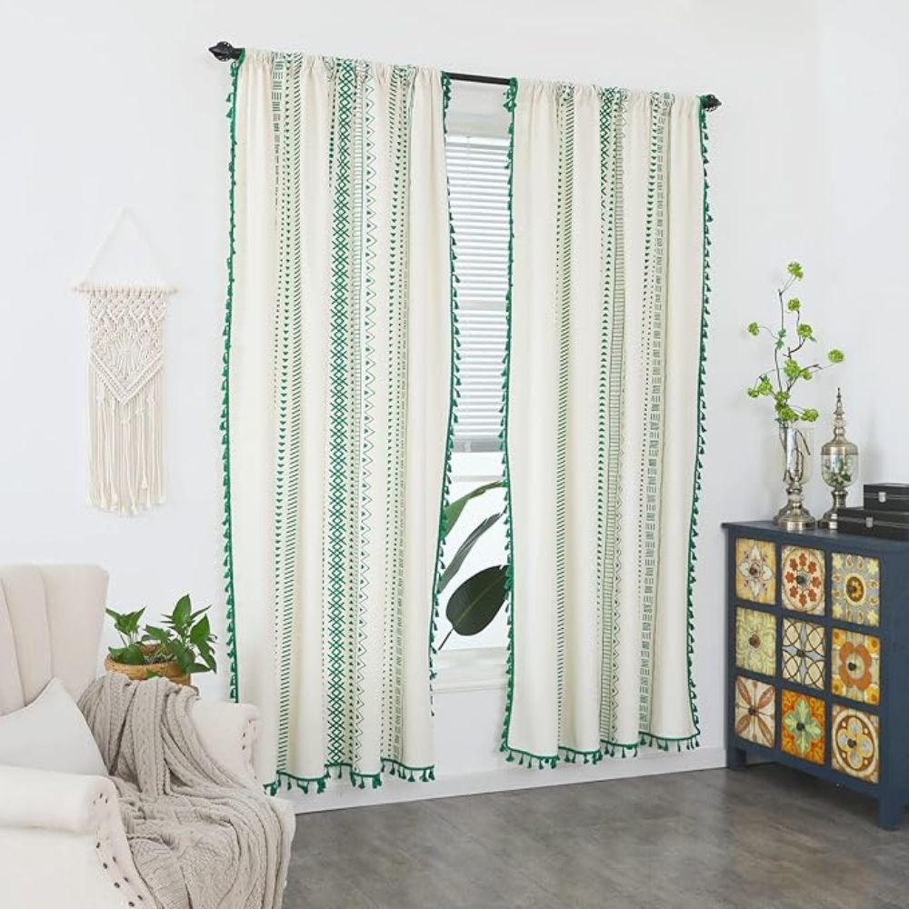 TribeEleganz: Curtains in Boho Style with Green Stripes & Tassels – Charming for Sleeping Areas