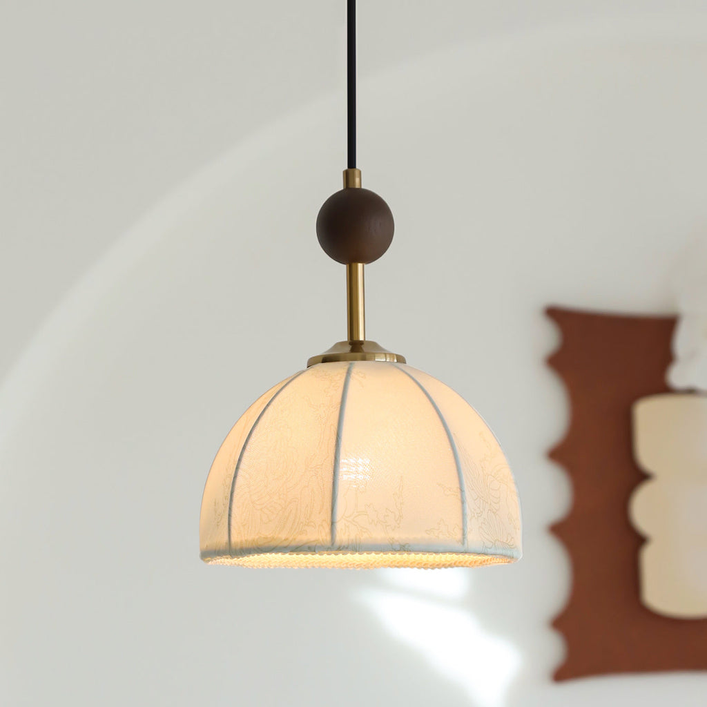 Retro Wood & White Fabric Shade Pendant Light