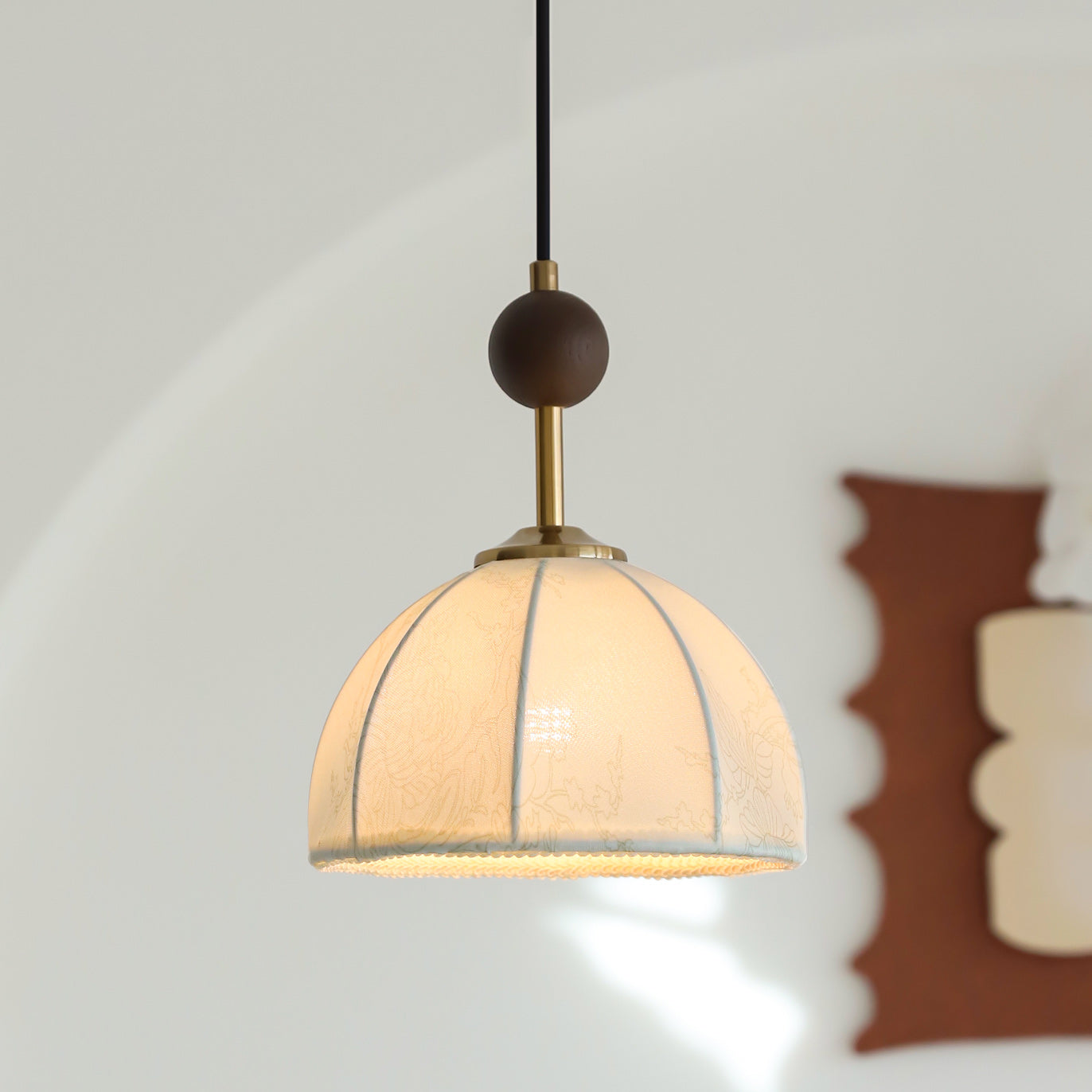 Retro Wood & White Fabric Shade Pendant Light