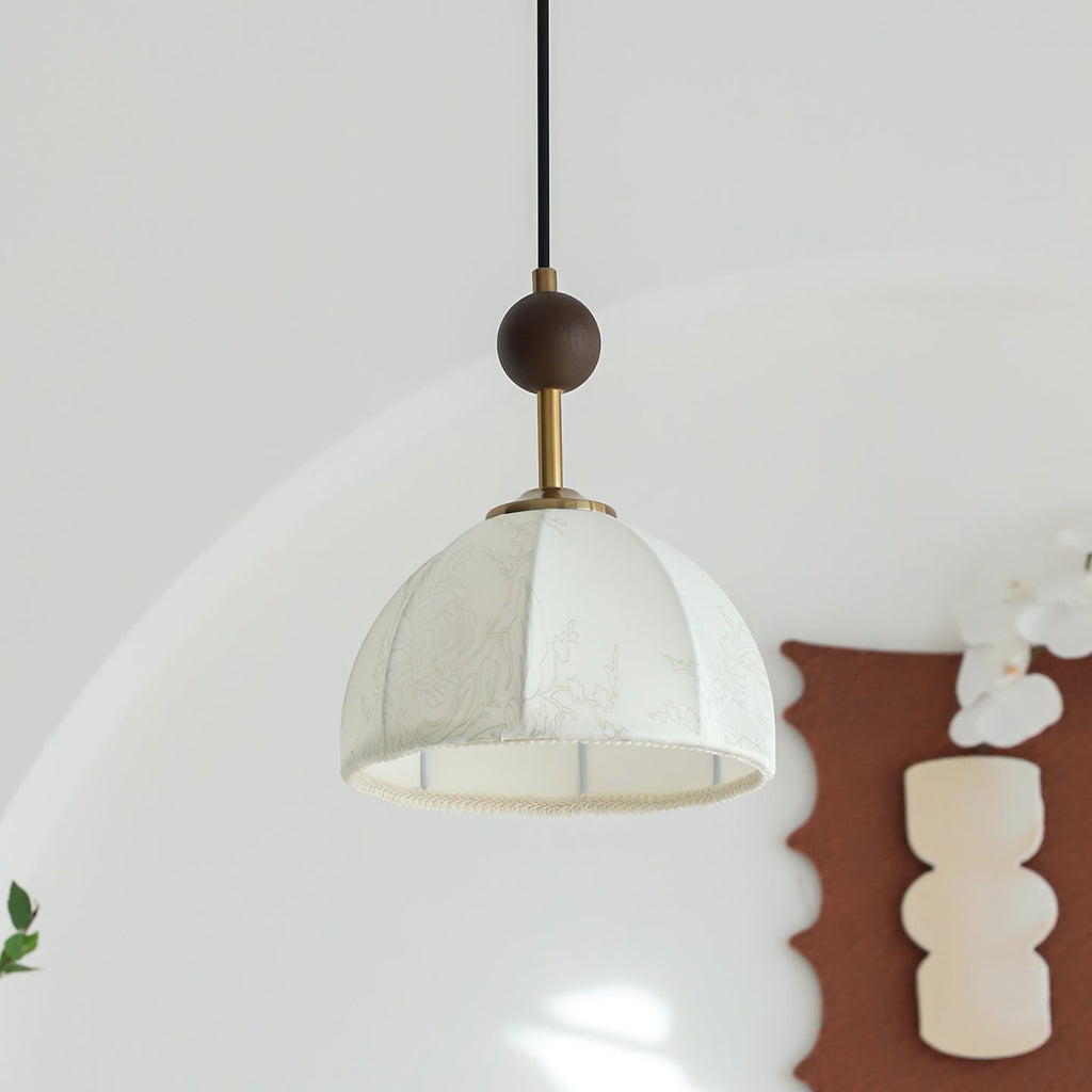 Retro Wood & White Fabric Shade Pendant Light