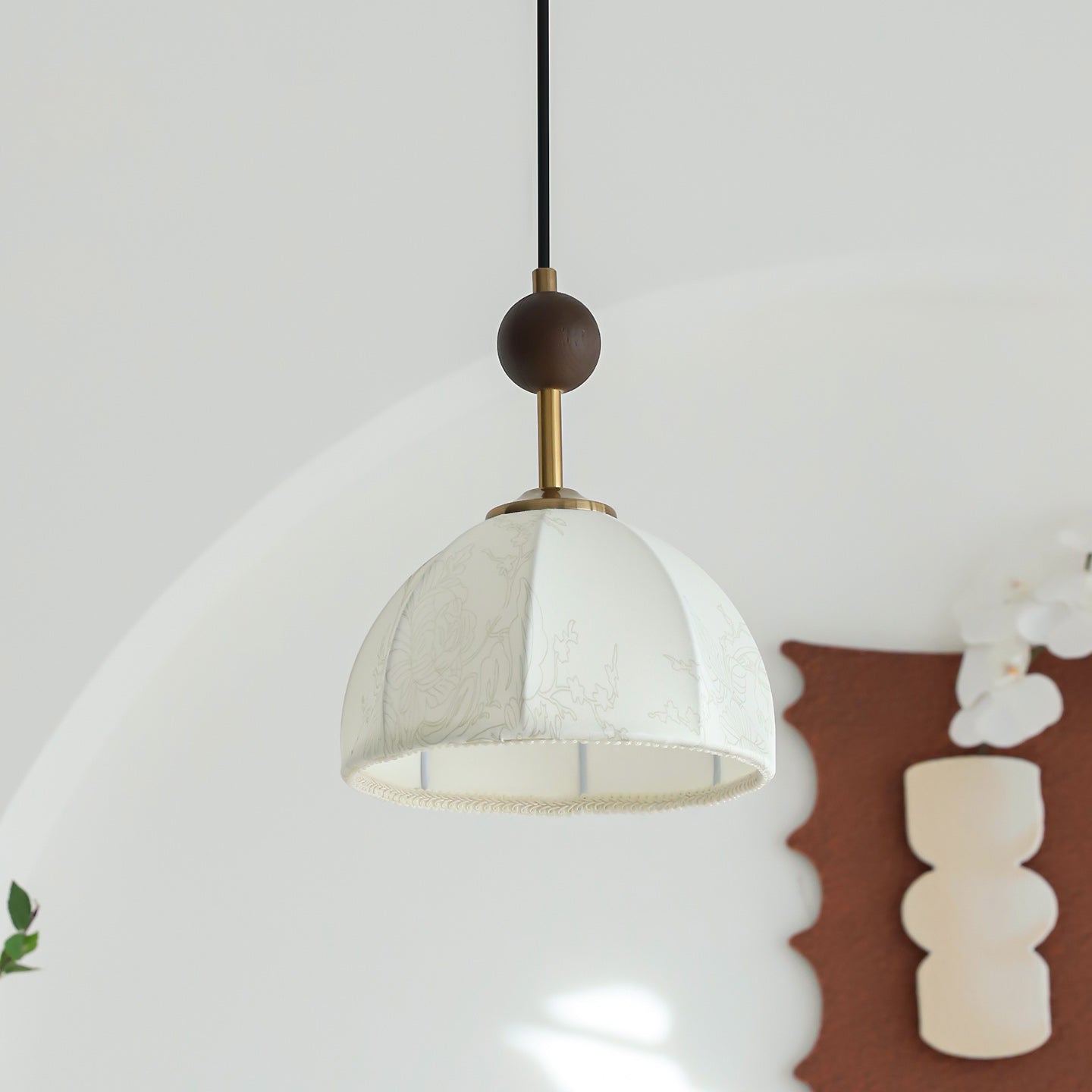 Retro Wood & White Fabric Shade Pendant Light