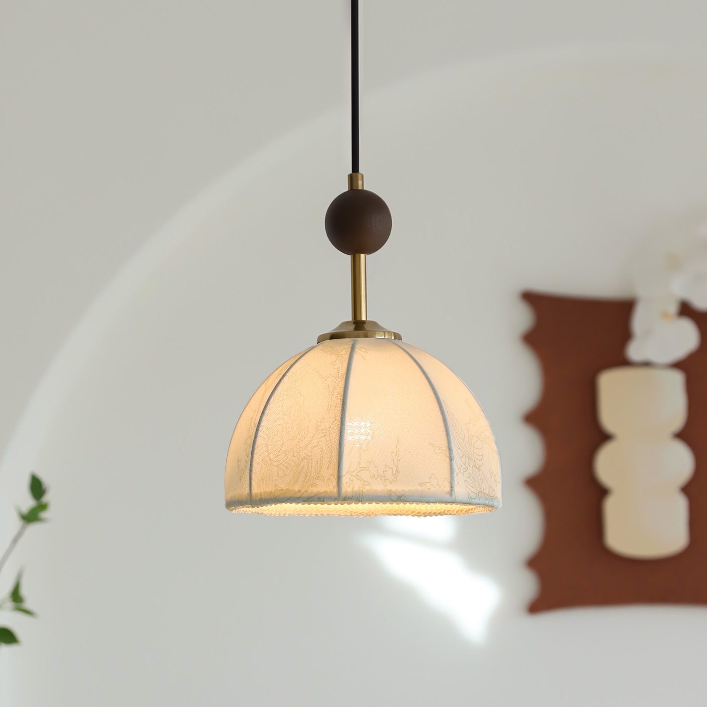 Retro Wood & White Fabric Shade Pendant Light