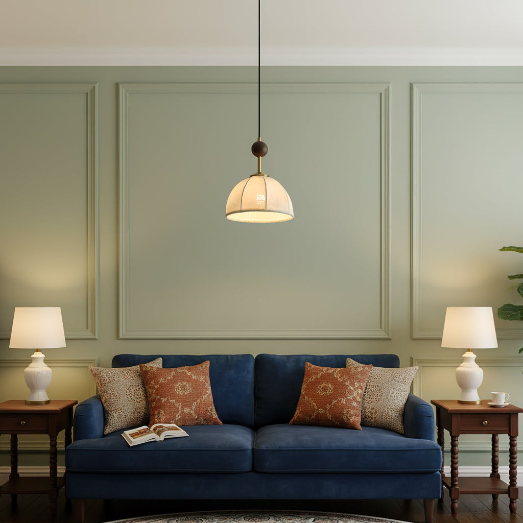 Retro Wood & White Fabric Shade Pendant Light