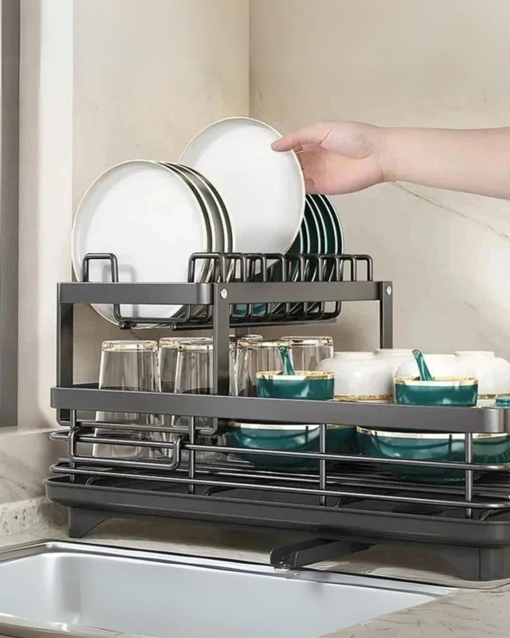 DryElegance: Dish Rack Design – elegant drying rack with multiple levels for dishes & glasses