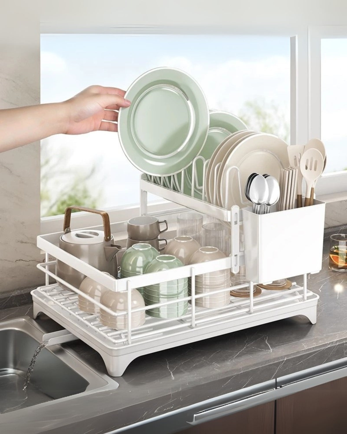 DryElegance: Dish Rack Design – elegant drying rack with multiple levels for dishes & glasses
