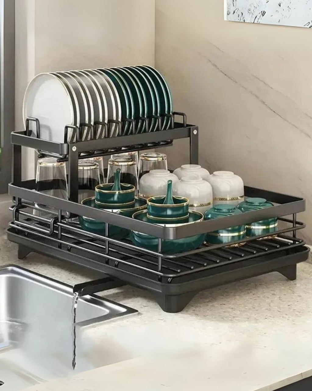 DryElegance: Dish Rack Design – elegant drying rack with multiple levels for dishes & glasses