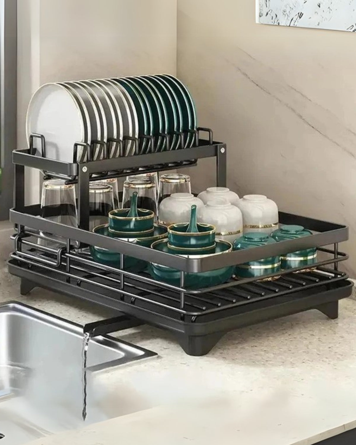 DryElegance: Dish Rack Design – elegant drying rack with multiple levels for dishes & glasses