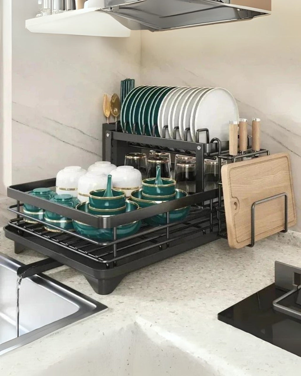 DryElegance: Dish Rack Design – elegant drying rack with multiple levels for dishes & glasses