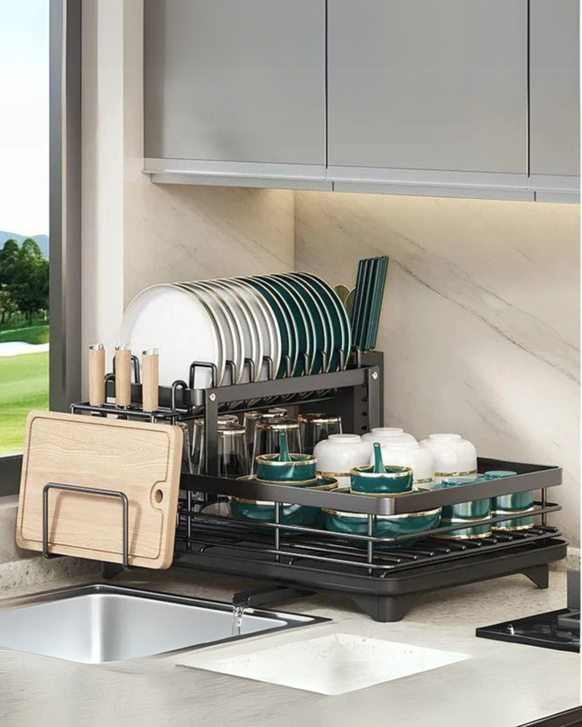 DryElegance: Dish Rack Design – elegant drying rack with multiple levels for dishes & glasses