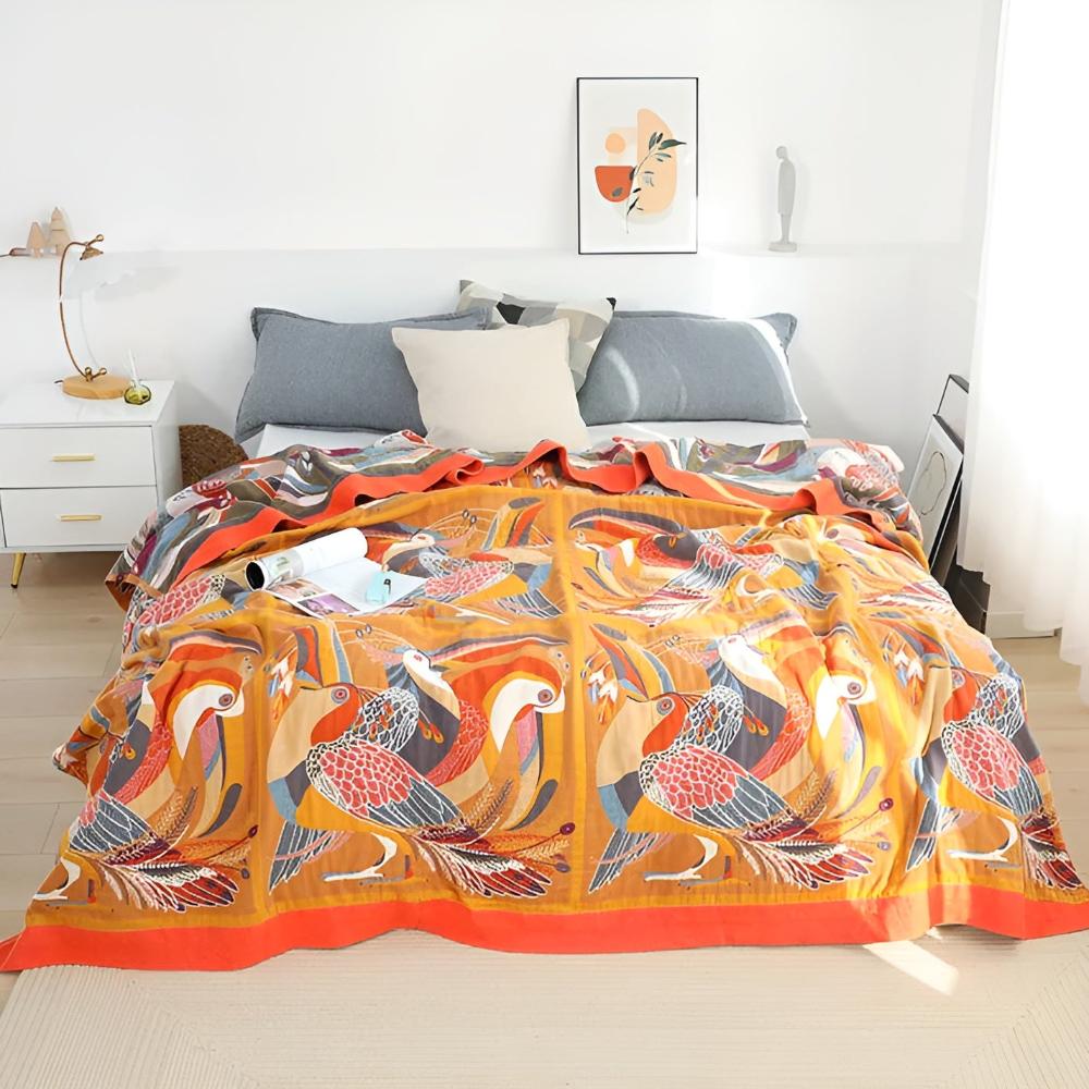 TropicaLoom: Cotton Blanket with Tropical Toucan Pattern and Light Texture – for Sofa and Bedroom