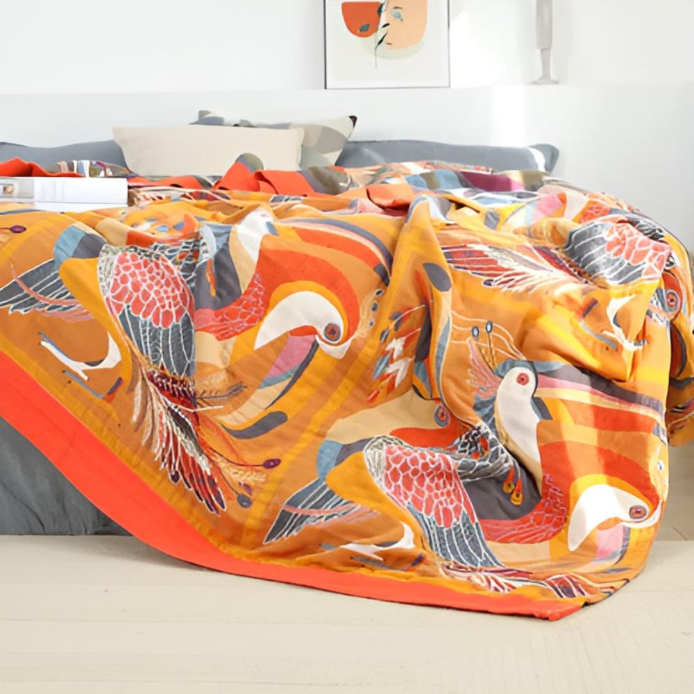 TropicaLoom: Cotton Blanket with Tropical Toucan Pattern and Light Texture – for Sofa and Bedroom