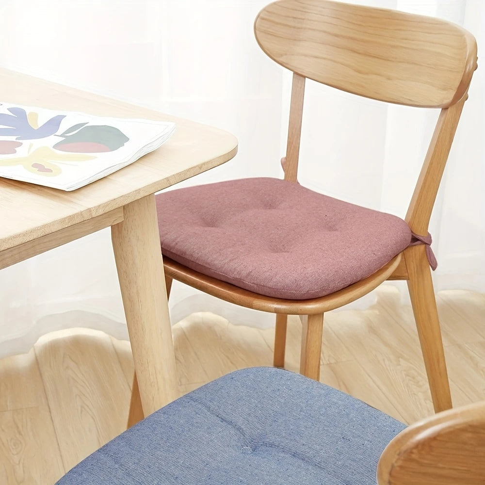 Tufted Chair Cushion, Cotton Linen Cover, Polyester Fill, Tie Straps