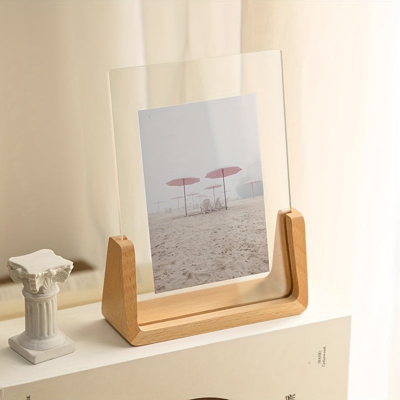 U Shaped Acrylic Photo Frame Wood Base Tabletop Display