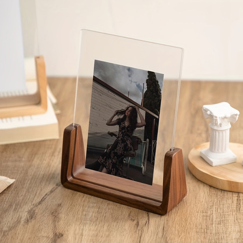U Shaped Acrylic Photo Frame Wood Base Tabletop Display