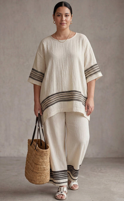 Effortless Two-Piece Set for Women Round-Neck Striped-Trim Wide-Leg