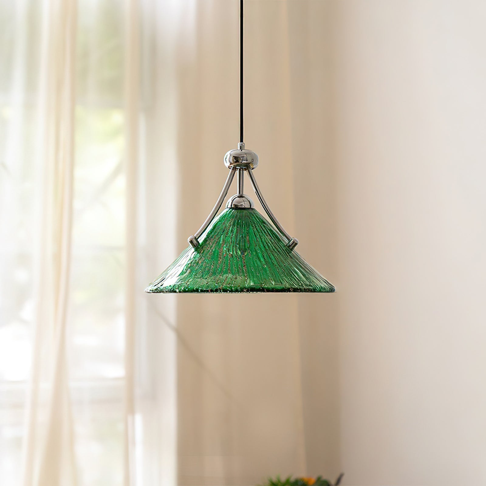 Emerald Green Glass Dome Pendant with Iron Frame