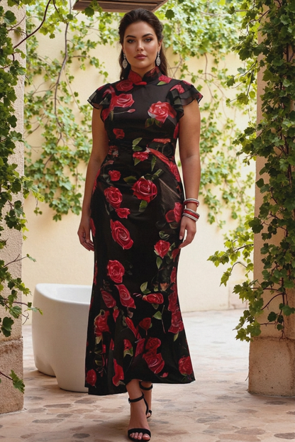 Elegant Floral Dress for Women High-Neck Ruffle-Sleeve Maxi