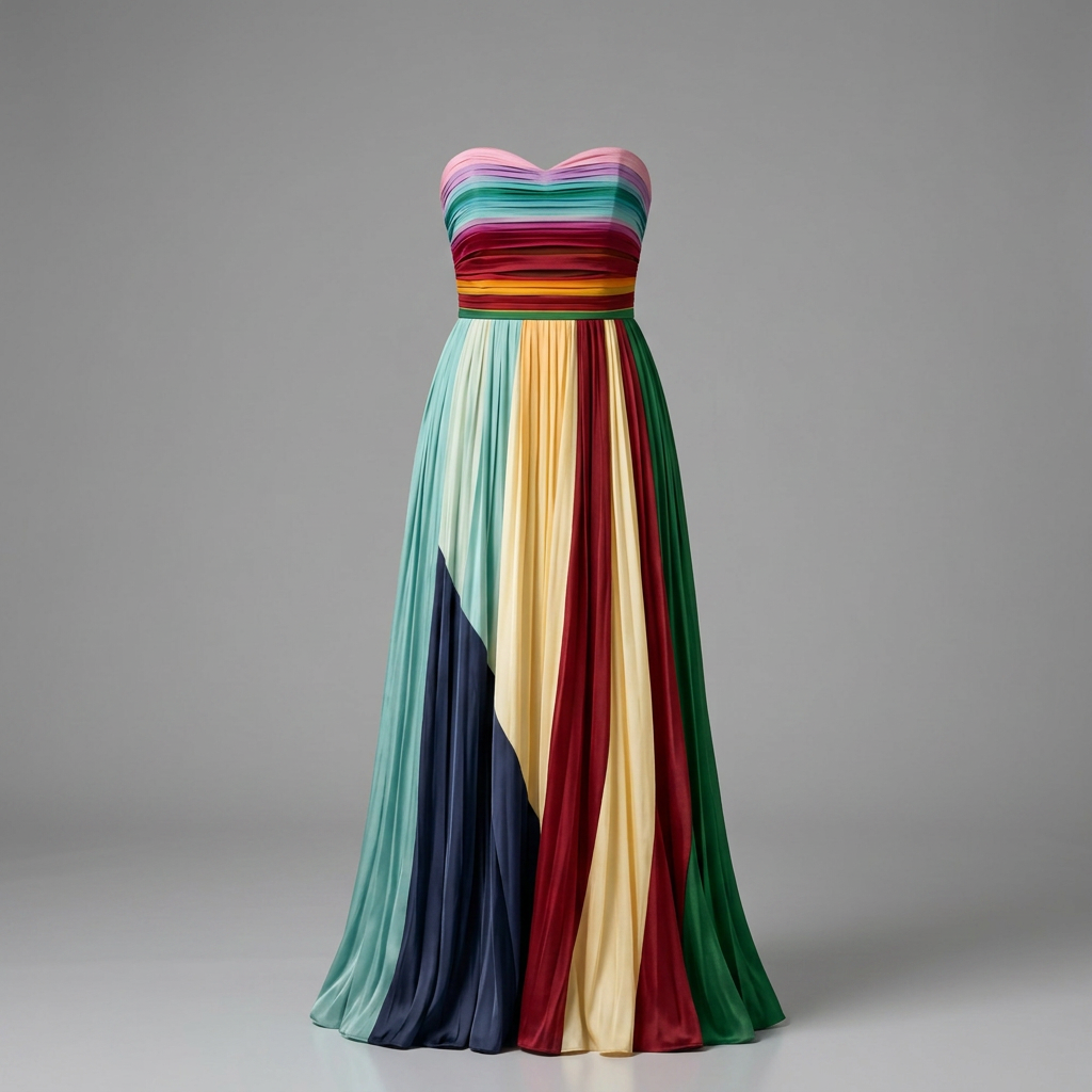Stylish Maxi Dress for Women Strapless Pleated Color-Block