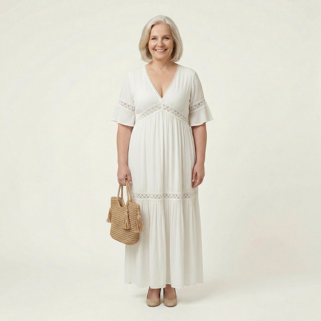 Effortless Maxi Dress for Women V-Neck Lace-Trim Flutter-Sleeve