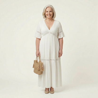 Effortless Maxi Dress for Women V-Neck Lace-Trim Flutter-Sleeve