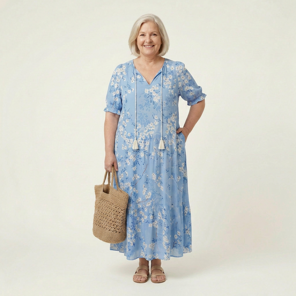 Effortless Maxi Dress for Women Tie-Neck Ikat-Print Tiered