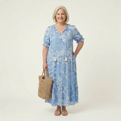 Effortless Maxi Dress for Women Tie-Neck Ikat-Print Tiered
