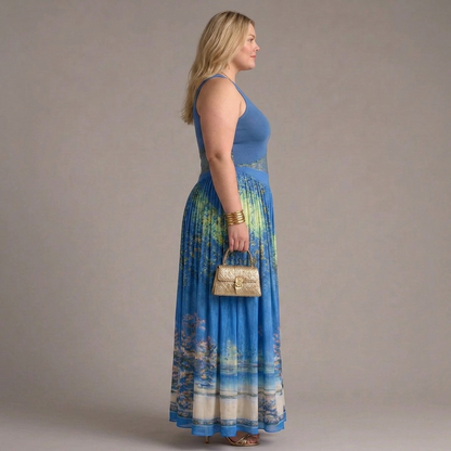 Elegant Maxi Dress for Women Sleeveless Scenic-Print Flowing
