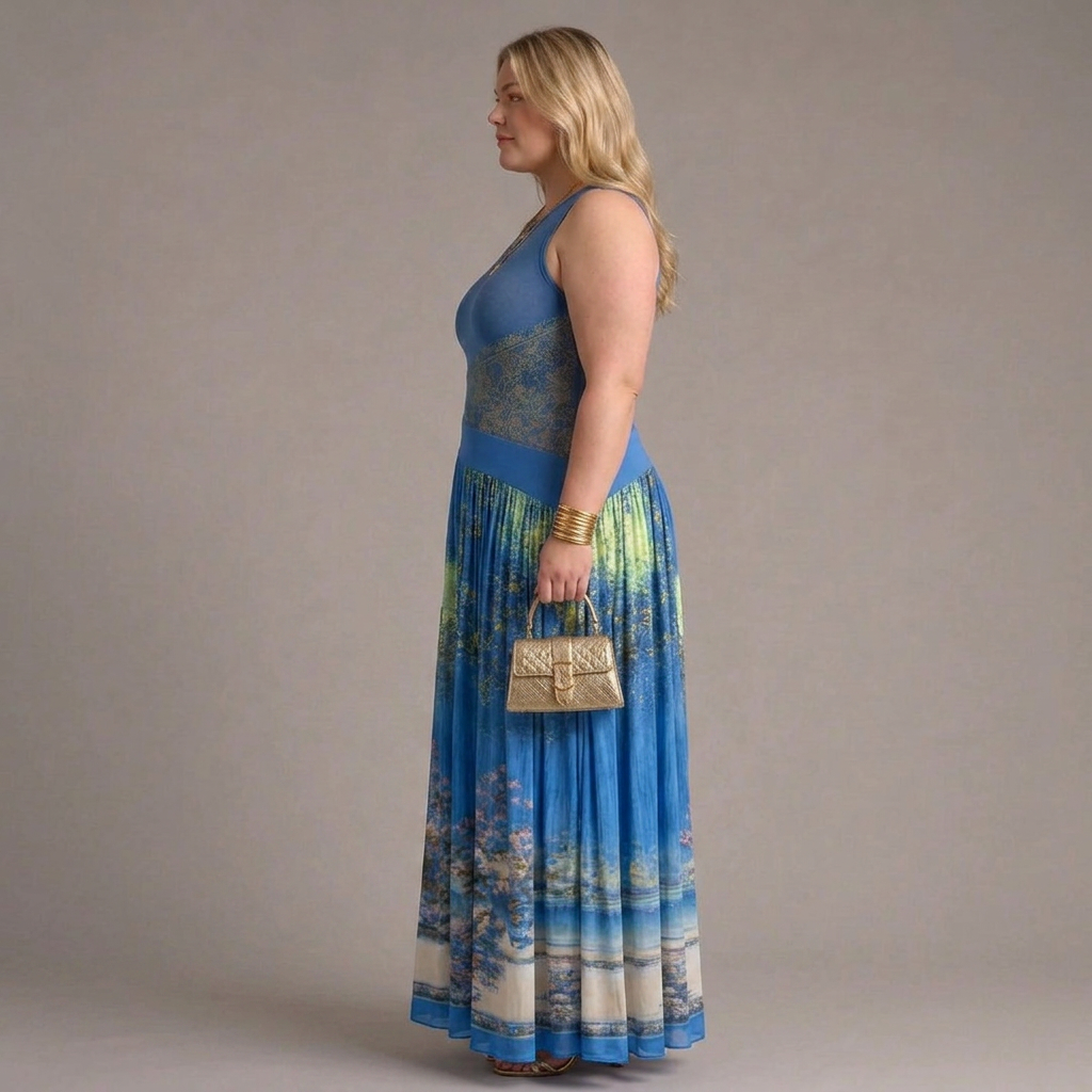 Elegant Maxi Dress for Women Sleeveless Scenic-Print Flowing