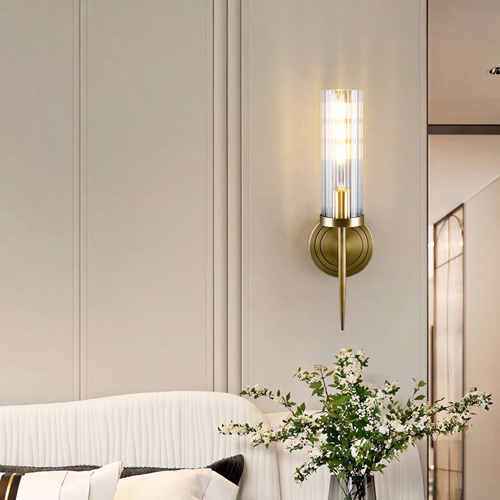 Fluted Clear Glass Wall Sconce with Brass Finial