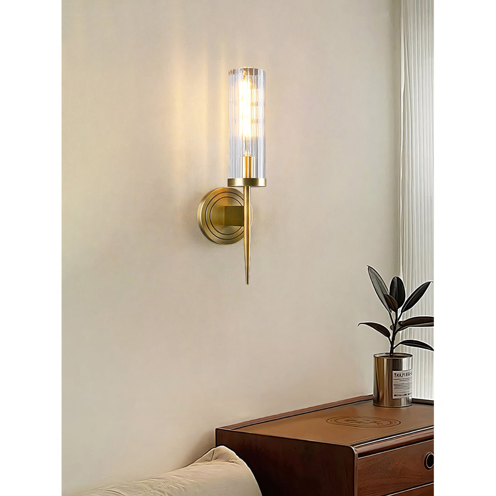 Fluted Clear Glass Wall Sconce with Brass Finial