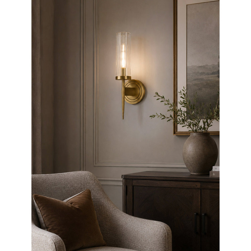 Fluted Clear Glass Wall Sconce with Brass Finial