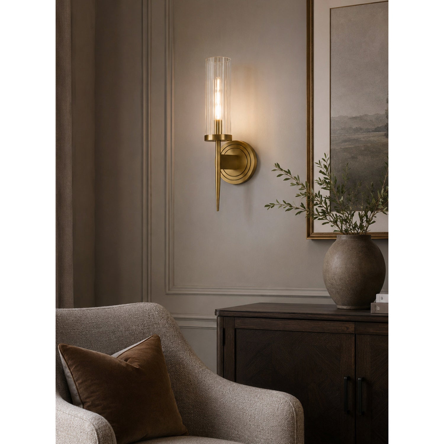 Fluted Clear Glass Wall Sconce with Brass Finial